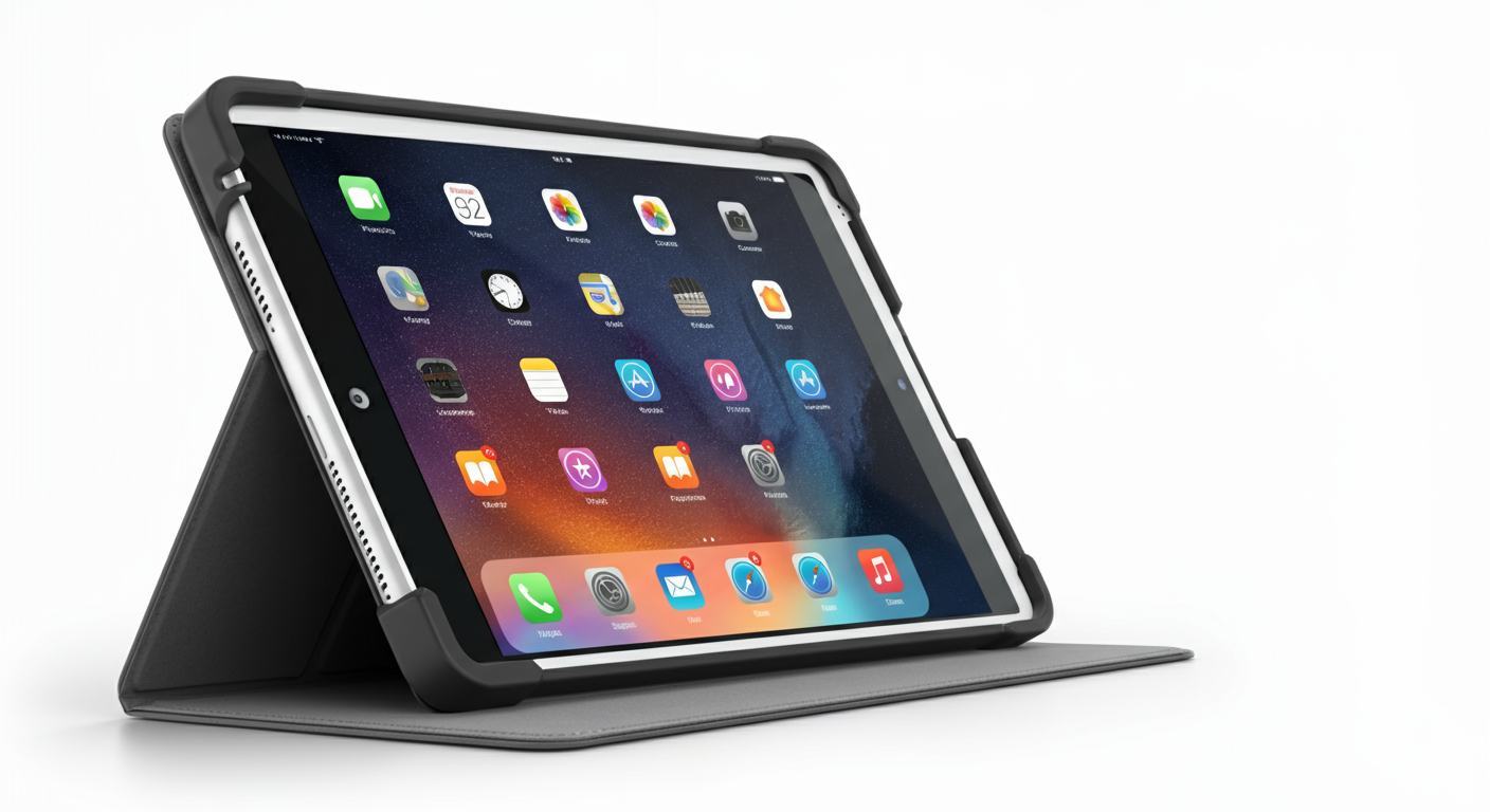 iPad in folio-style protective case with integrated EMF shielding panel