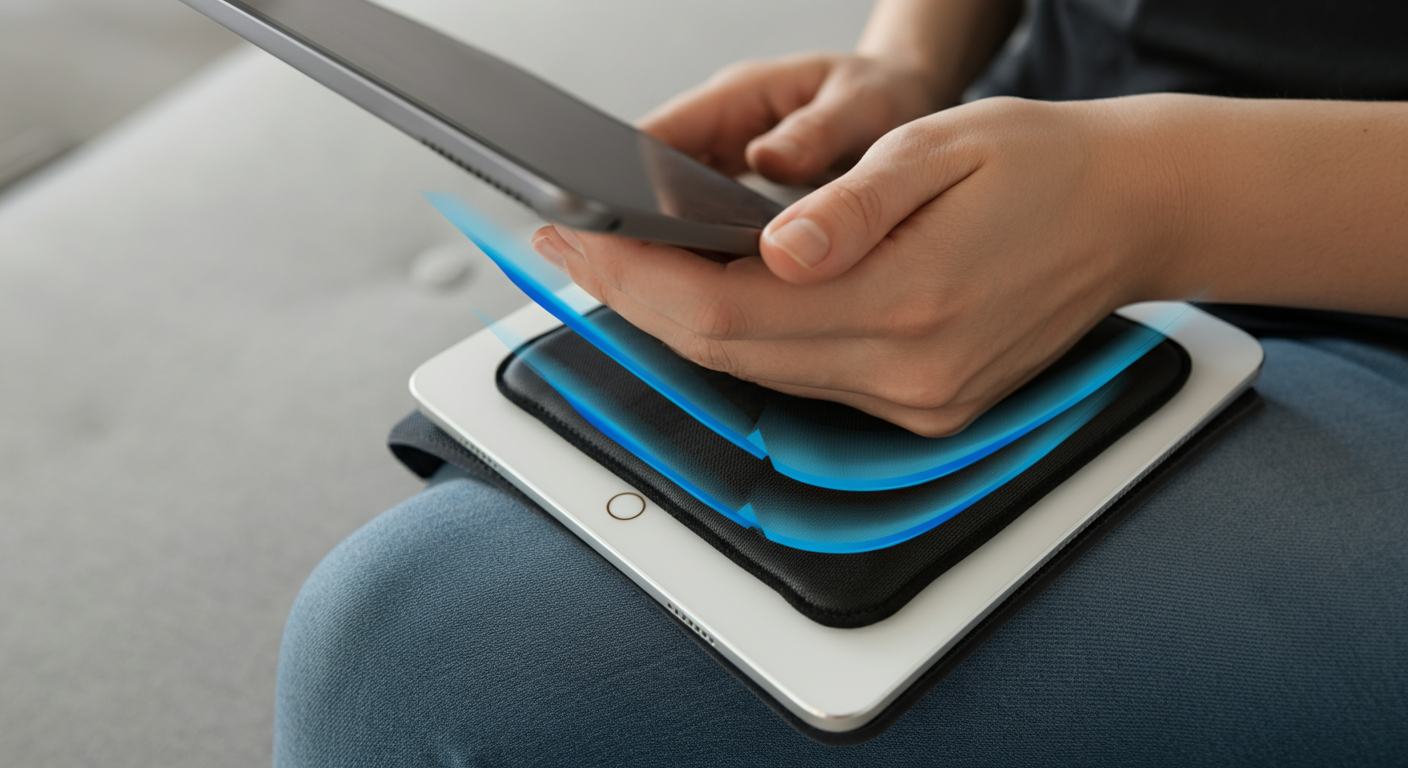 EMF shielding tablet pad placed between lap and iPad deflecting radiation from body