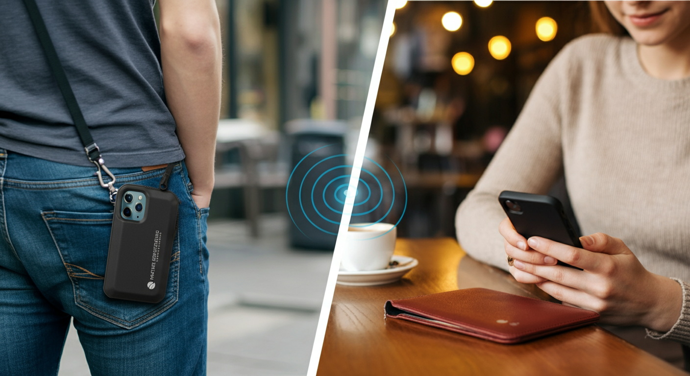 Different phone radiation protection scenarios comparing pouch carry versus folio case use