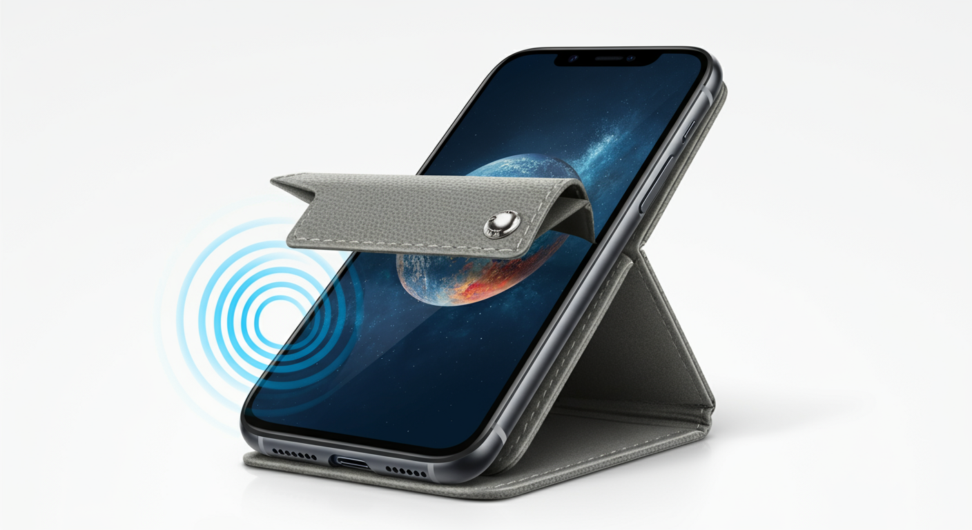 Smartphone in wallet-style folio case with EMF shielding flap for radiation protection