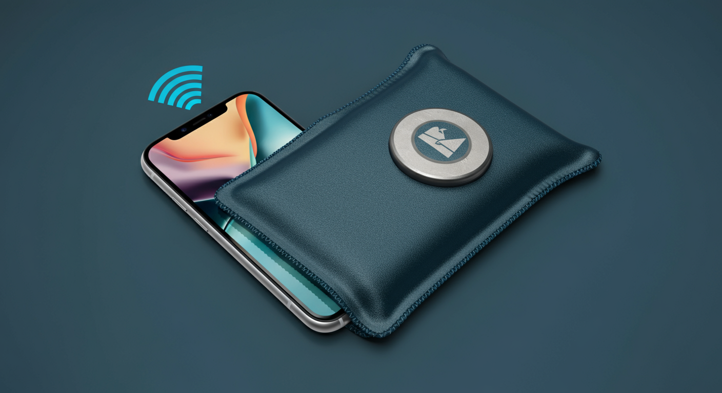 Smartphone sliding into EMF shielding phone pouch that deflects radiation from body