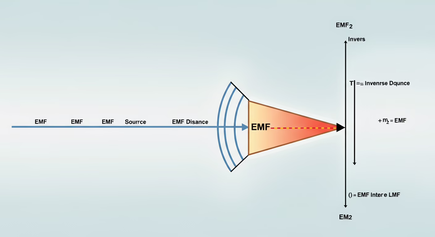 Inverse square law showing EMF intensity decreasing with distance from source