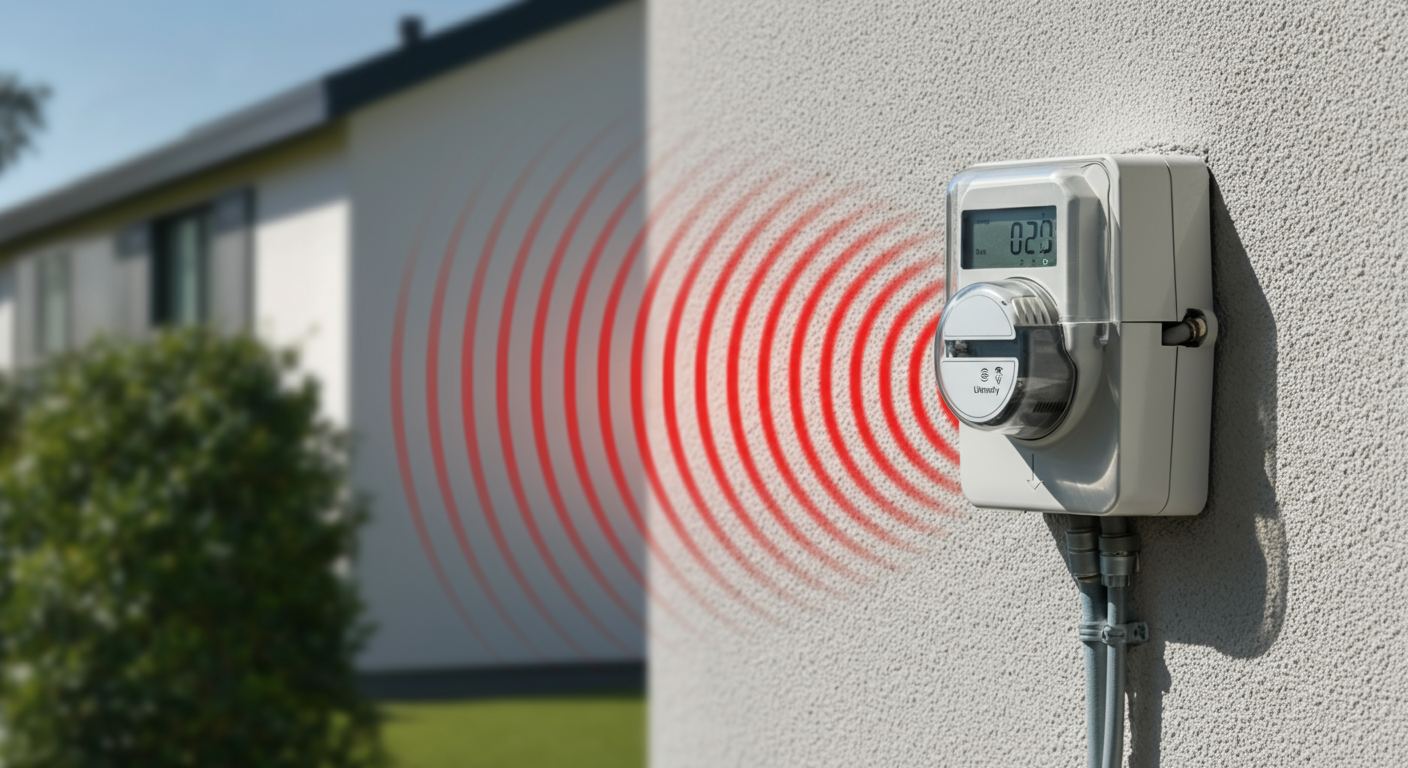 Smart meter on residential wall emitting electromagnetic field waves