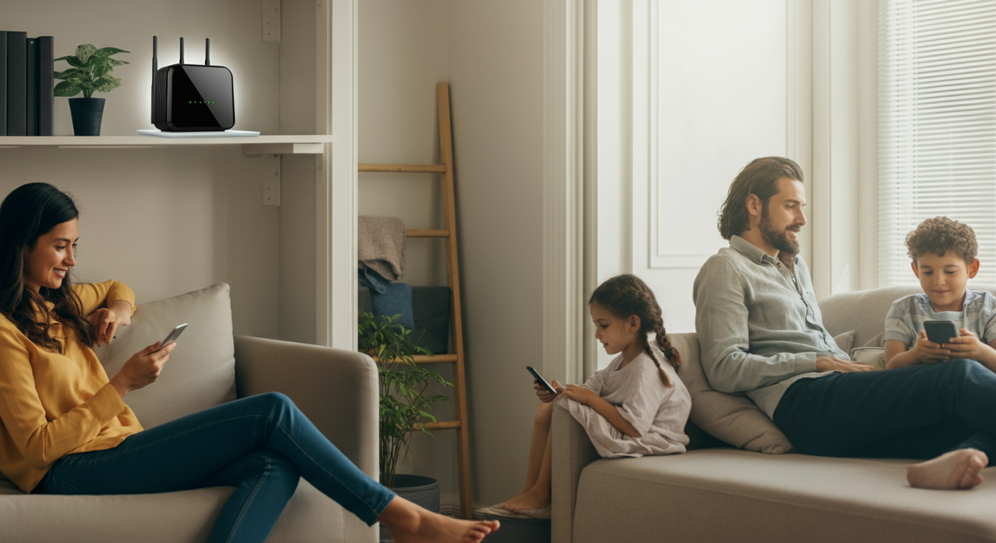 Home office with low-EMF router providing whole-home WiFi with reduced radiation