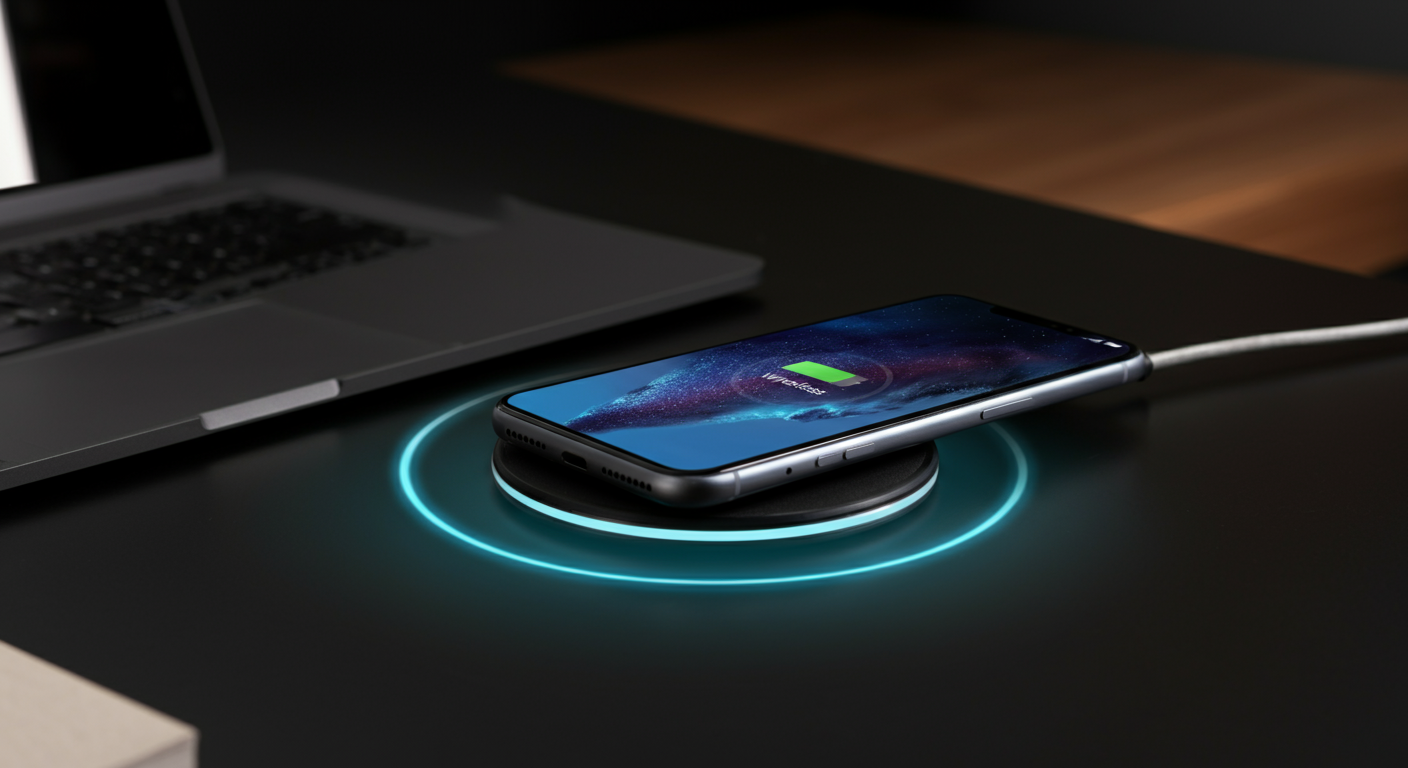 Smartphone on wireless charging pad emitting electromagnetic radiation