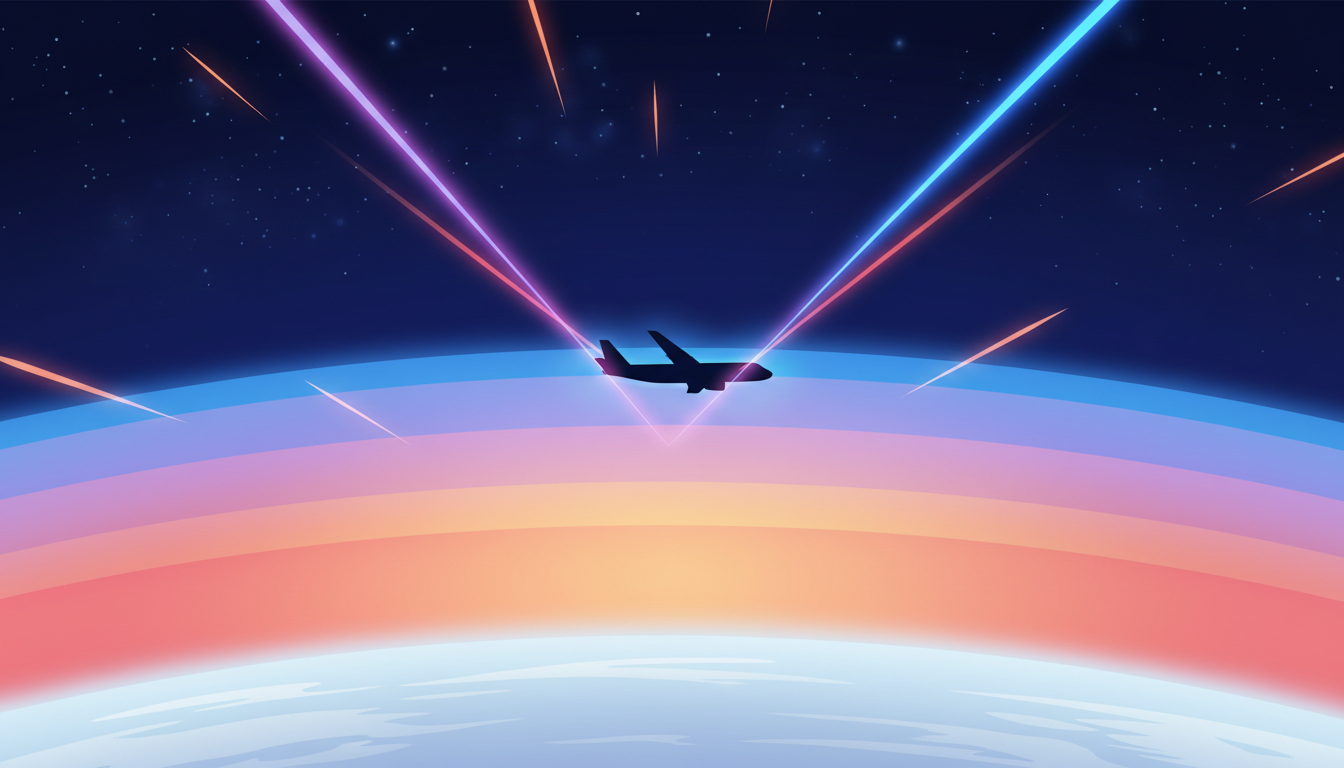 Visualization of cosmic radiation at high altitude with airplane silhouette above atmospheric layers
