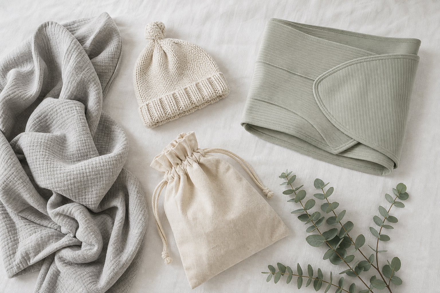 Flat-lay of soft maternity and baby textiles on a warm white linen surface