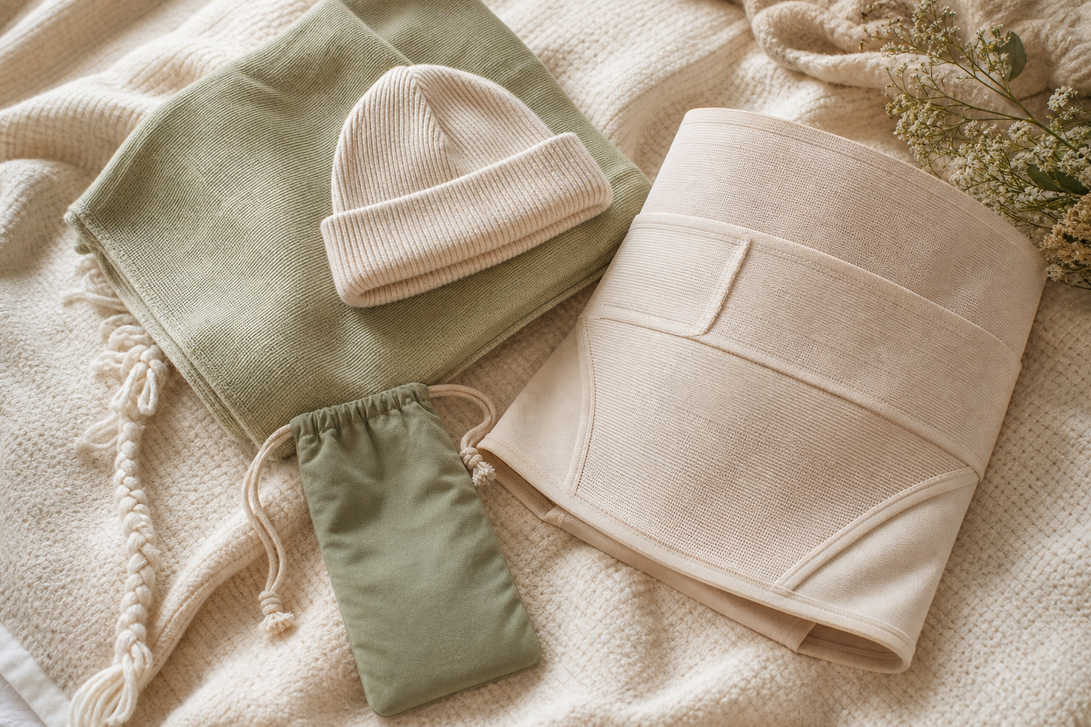 New-parent essentials arranged on a soft cream blanket: shielding blanket, baby beanie, belly band, and phone pouch