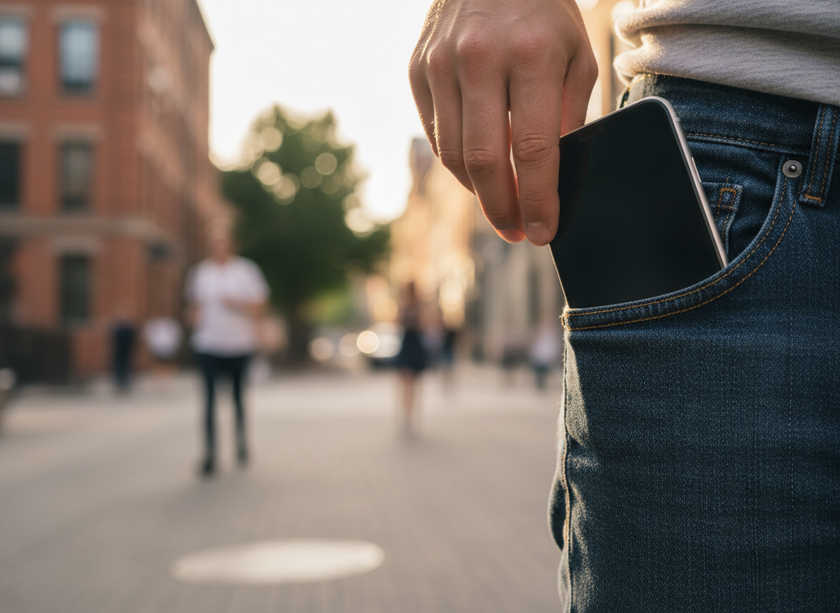Smartphone in the front pocket of dark blue jeans, illustrating the close-body phone proximity that drives daily RF exposure