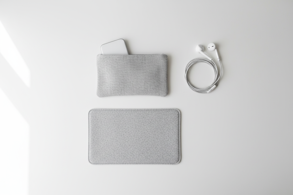 Overhead flat-lay of an EMF phone protection kit: pouch, wired headphones, and a slim laptop shielding pad on a desk