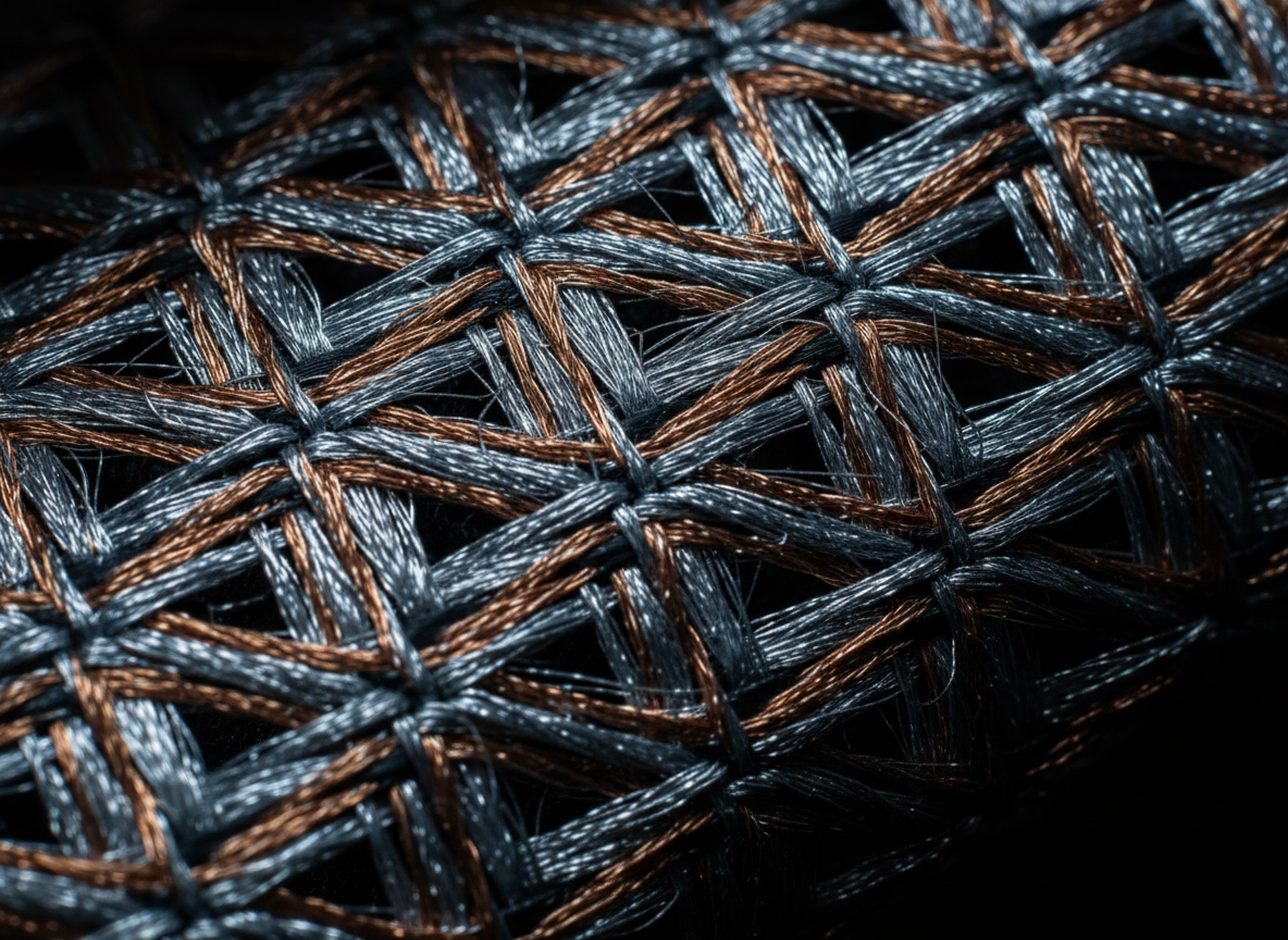 Macro view of woven conductive shielding fabric with silver and copper threads that reflect RF radiation