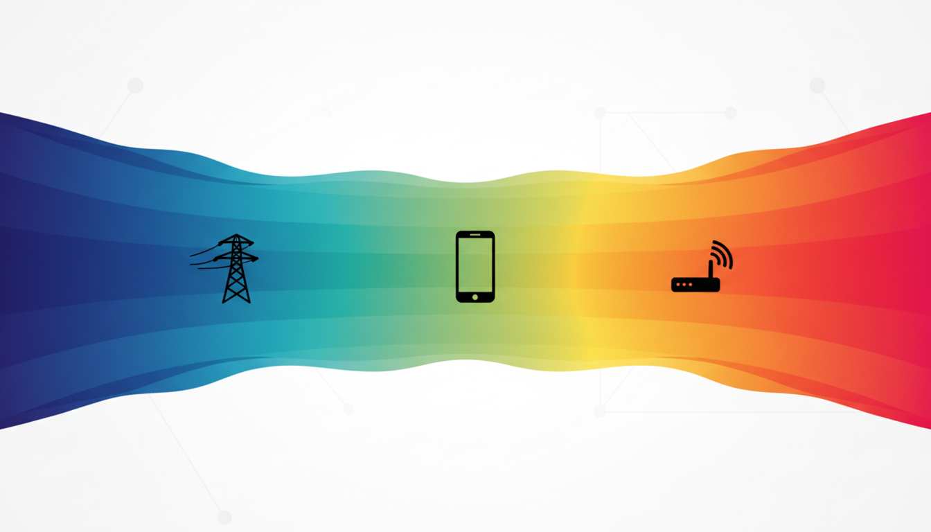Visual diagram of the electromagnetic spectrum showing ELF to radiofrequency range with common household sources