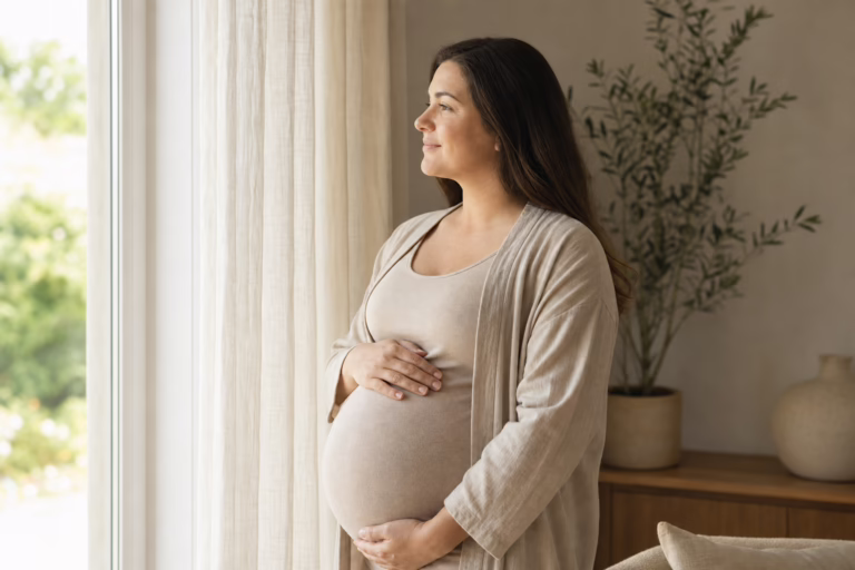 Pregnant woman in a softly-lit modern home, hand on belly, looking at natural light through a window