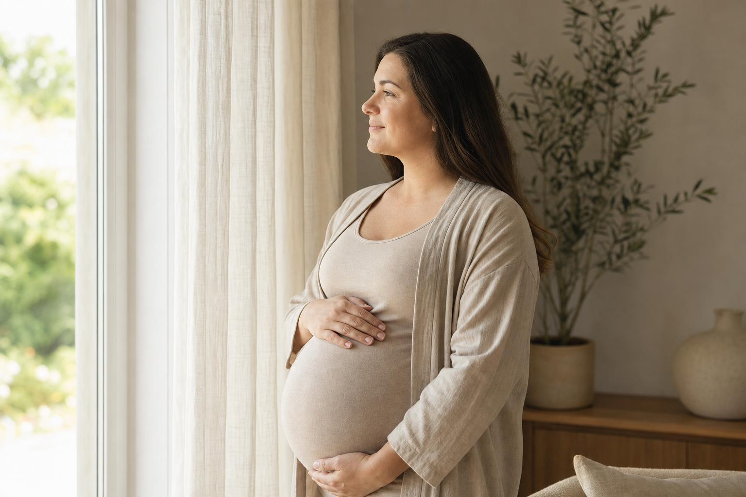 Pregnant woman in a softly-lit modern home, hand on belly, looking at natural light through a window