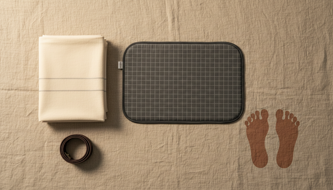 Flat-lay arrangement of grounding product types including mat, sheet, wristband and footwear on natural surface