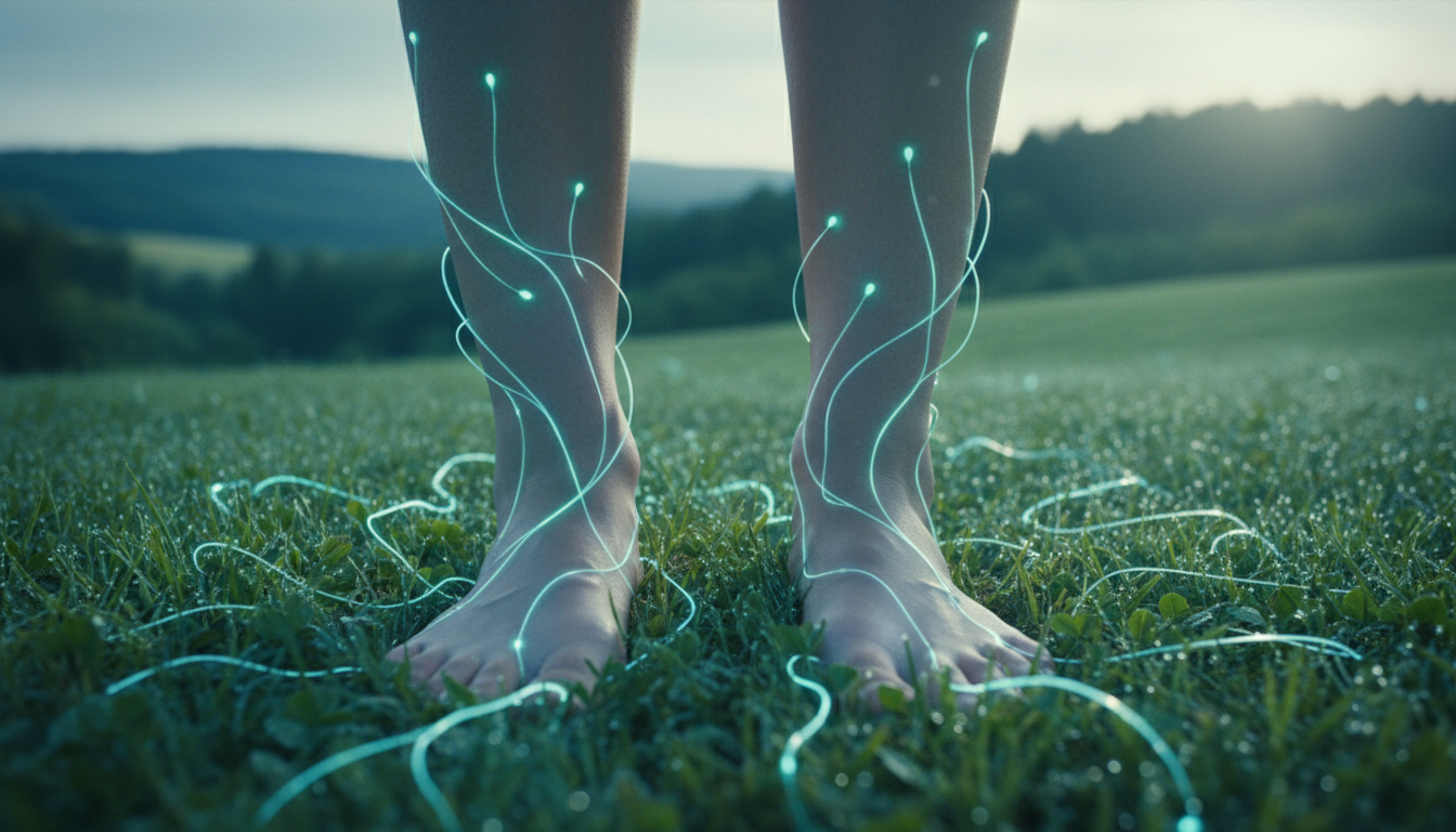 Scientific concept showing grounding and earthing biological connection to earth electrical potential