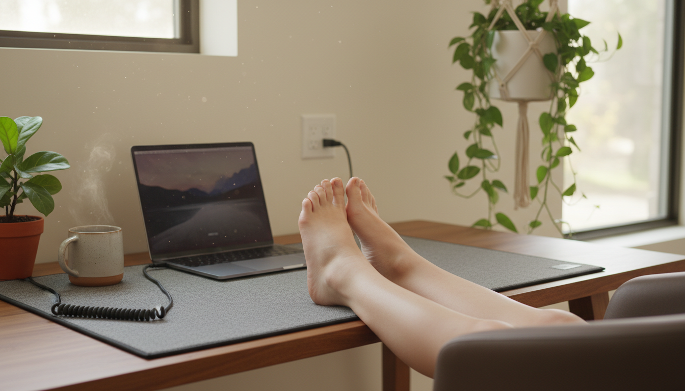 Person setting up grounding mat at desk with grounding cord connecting to wall outlet