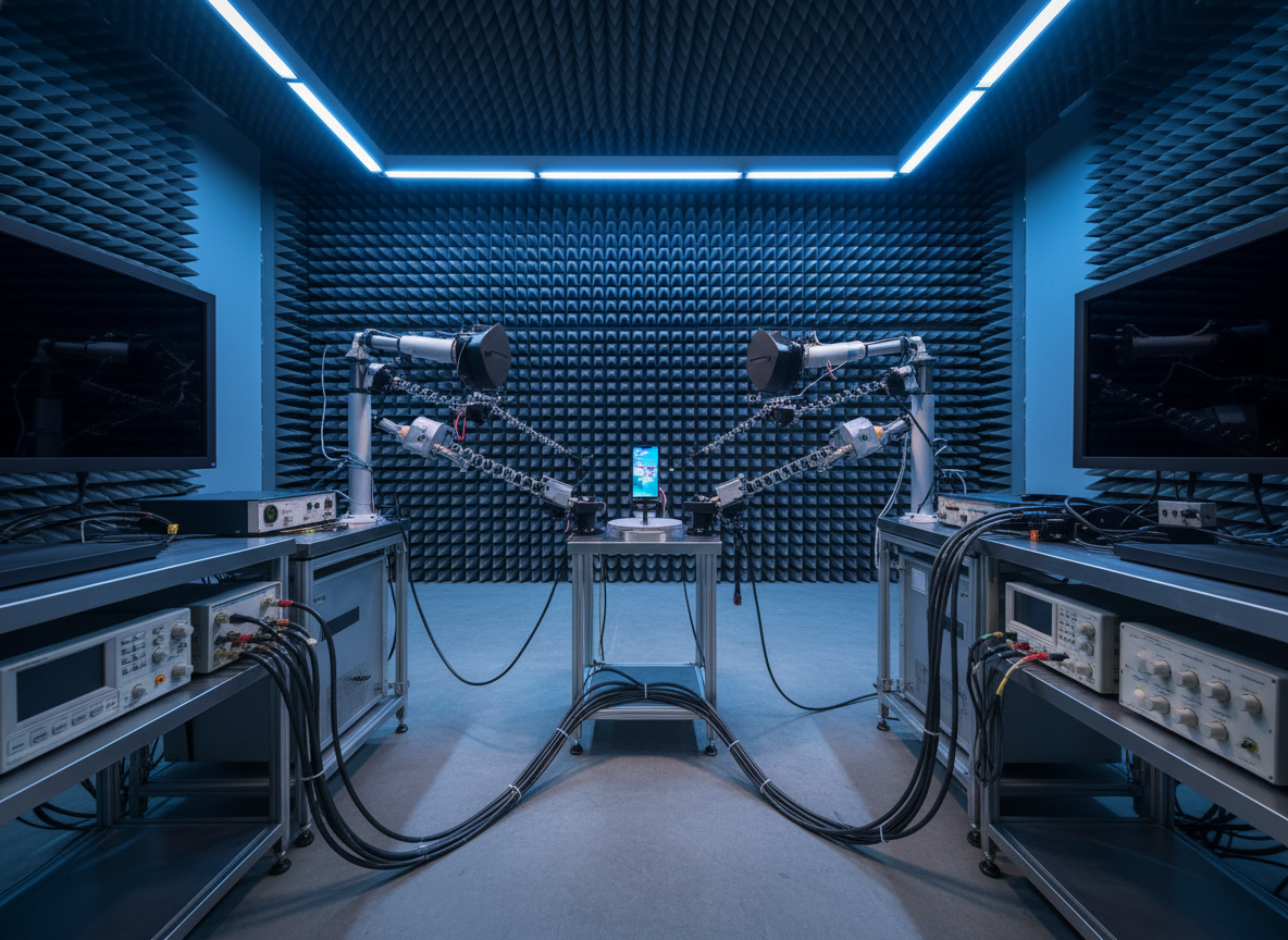 Smartphone on a test stand inside an RF laboratory with antenna probes and measurement equipment