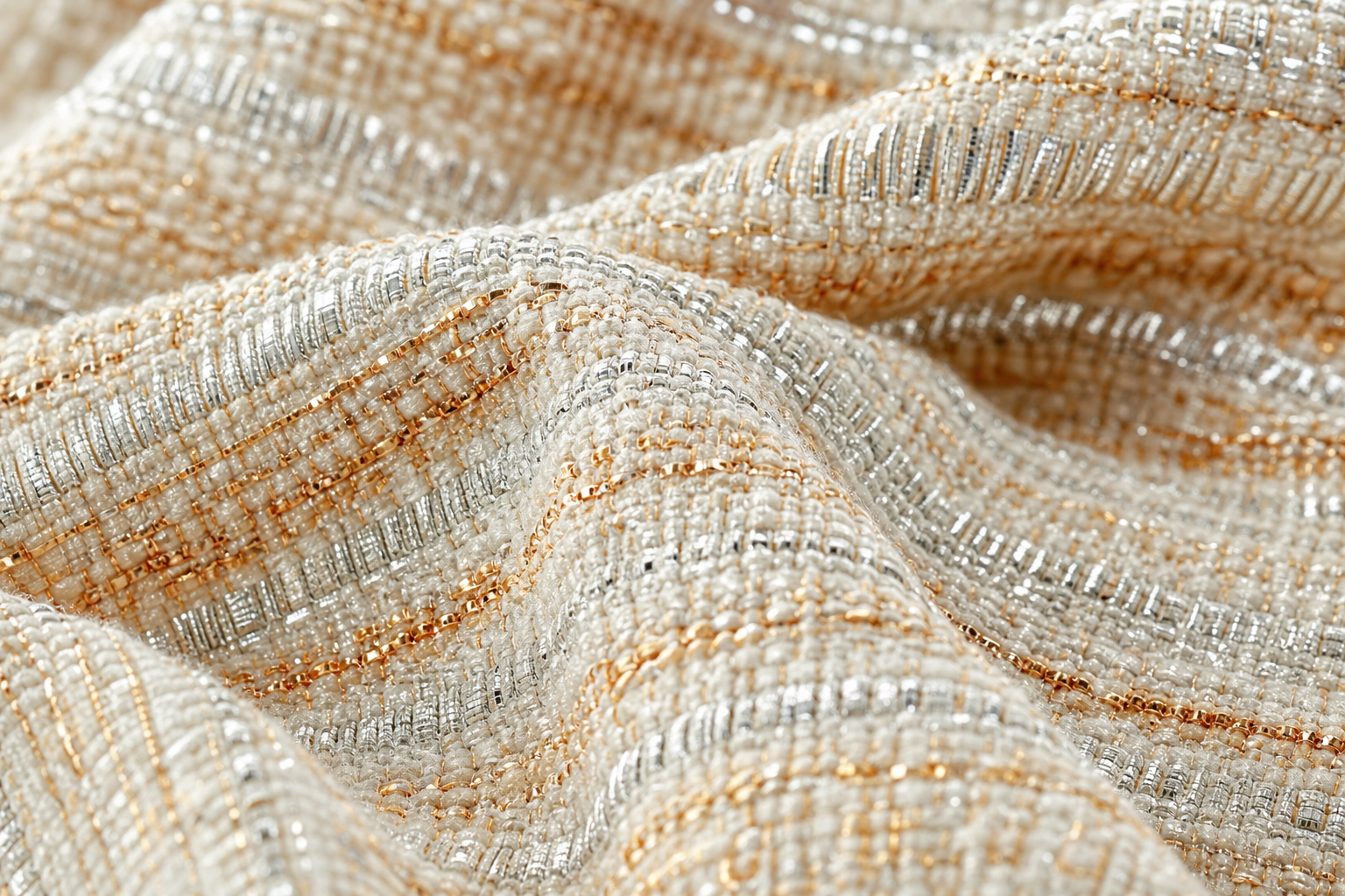 Macro detail of silver and copper threads woven into a soft fabric, illustrating conductive shielding materials