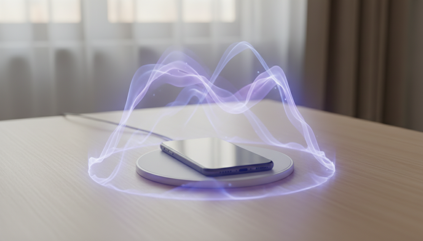 Smartphone on wireless charging pad with EMF field visualization