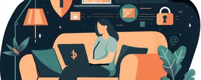 Person in a cozy home office focusing on data security with symbols of protection