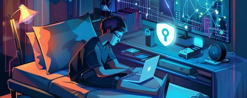 Person using a laptop in a cozy setting, surrounded by symbols of online privacy and security